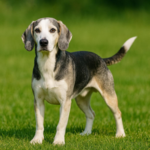 A sleek hound of Nordic origin stands resolute on a field of emerald blades, clad in ash and ivory tones; its calm stare cuts forward as sunlight outlines its lithe contour against a blurred verdure wash.
