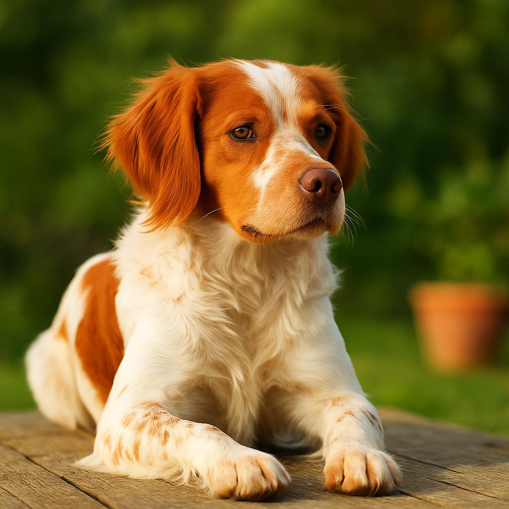 A tricolored spaniel reclines on weathered planks, its russet patches and white waves gleaming in soft sunlight; alert amber eyes gaze aside, framed by a blurred green panorama.