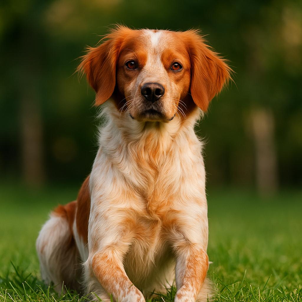 A steady spaniel holds court on emerald turf, its roan coat glowing orange and white as dark-eyed focus meets the lens; blurred trunks behind frame a moment of calm vigilance.