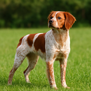 A poised spaniel with a sleek white-and-rust coat stands alert on emerald grass; attentive amber eyes survey the scene, set against a soft-focus woodscape in warm daylight.