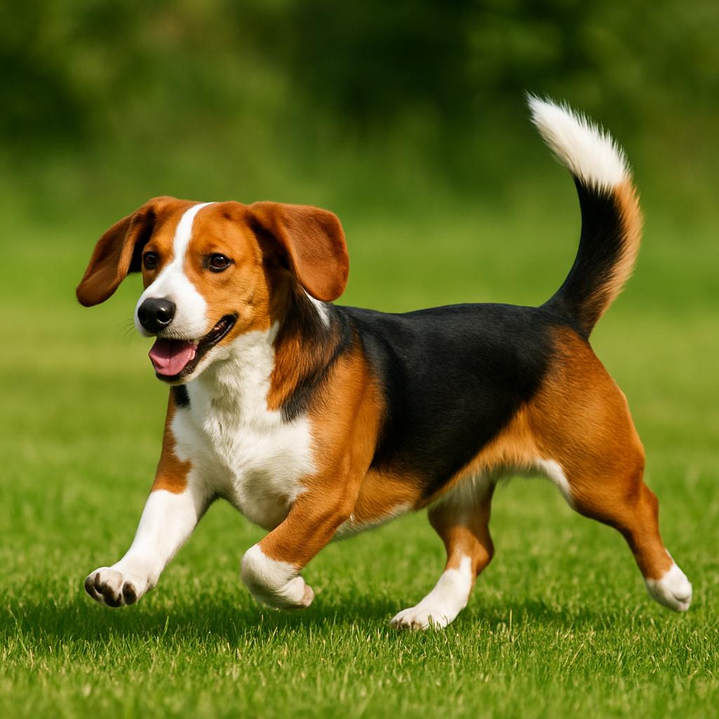 A short-limbed scenthound bounds gleefully across sunlit turf, its trio-hued coat glinting in motion; floppy ears and a plume-tail arc mid-air as verdant fields blur behind in kinetic calm.