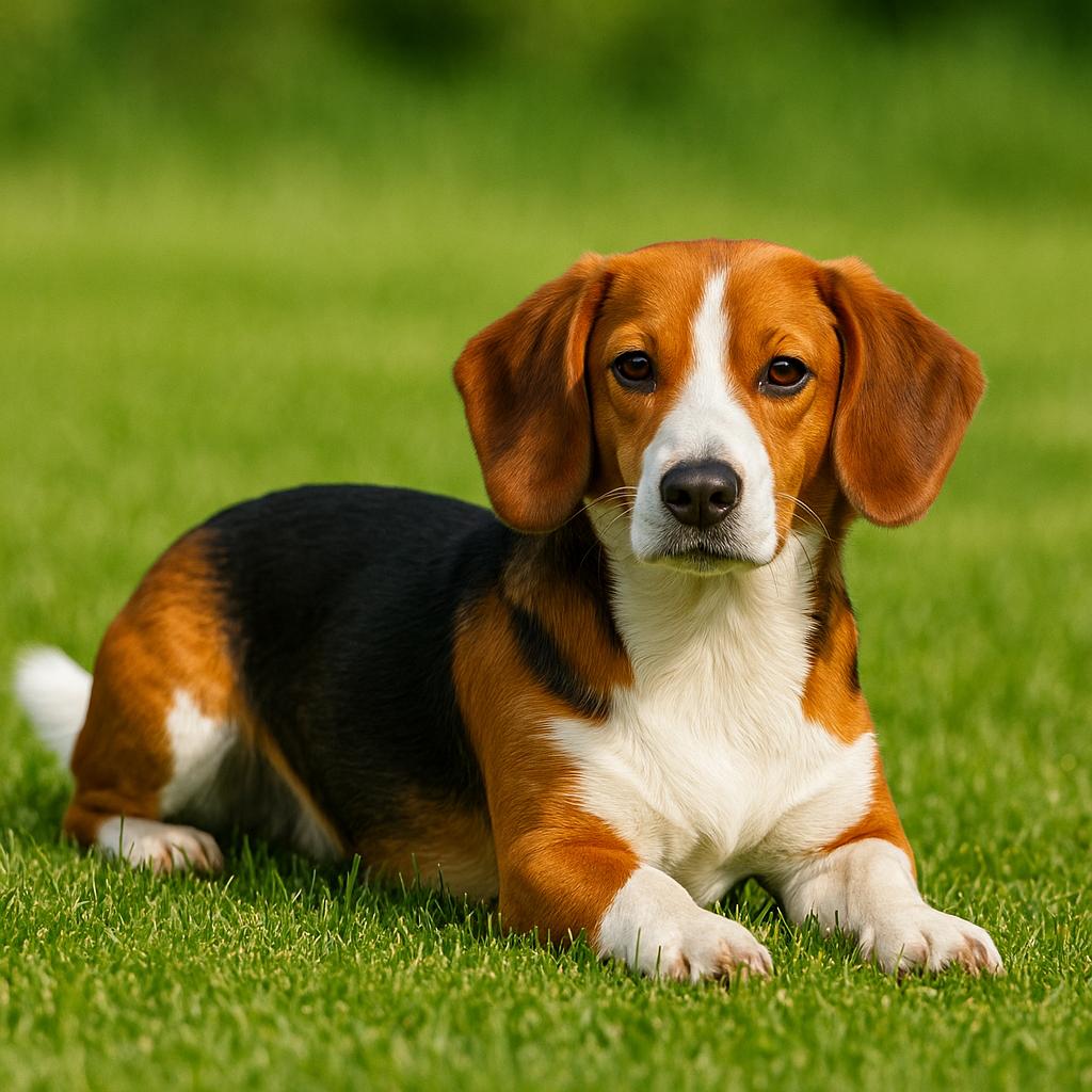 A low-slung tricolor hound reclines in still repose, flanked by sun-drenched blades; its gaze steady, framed by velvet lobes, as russet and sable markings glow beneath the open sky.