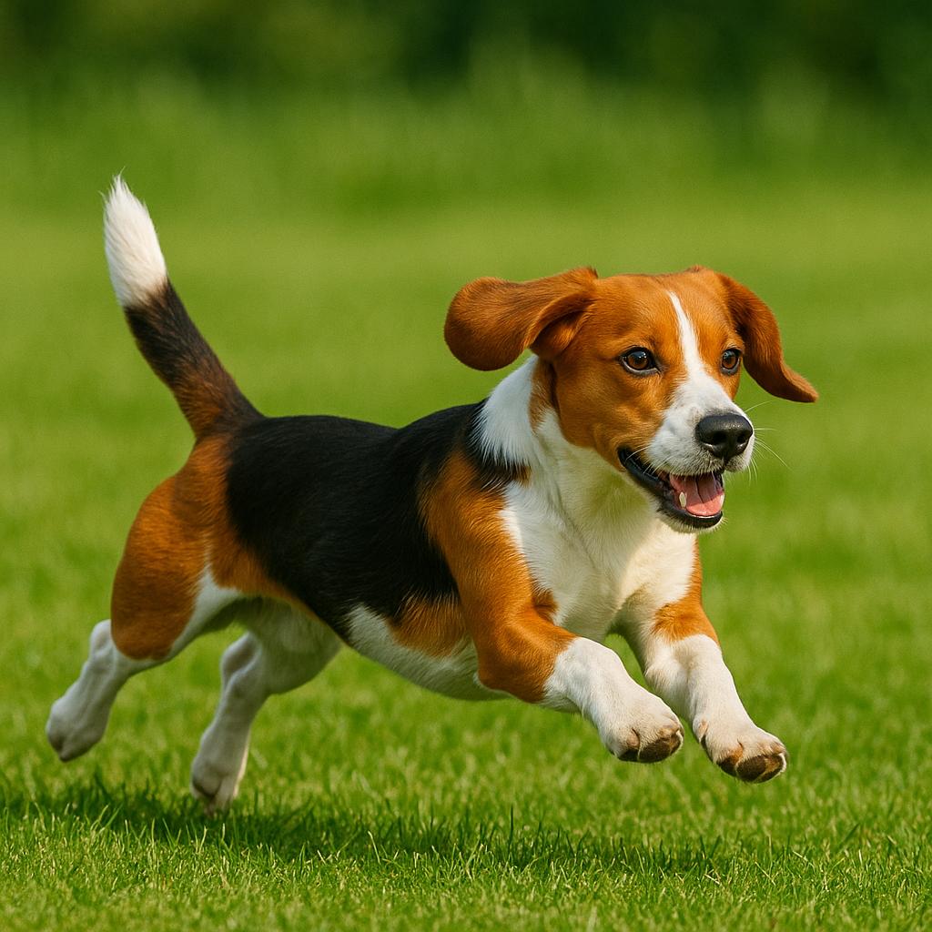 A tri-tone canine caught airborne mid-sprint, limbs suspended in kinetic grace; sunlit fur ripples over taut frame as verdant turf rushes past in a blur of pure momentum.