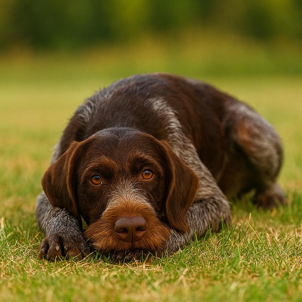 A wiry pointer in repose upon sun-kissed blades, its liver-speckled pelt rippling lightly; mellow amber eyes peer forward as the head reclines upon a sturdy paw, set against a softly subdued grassy expanse.