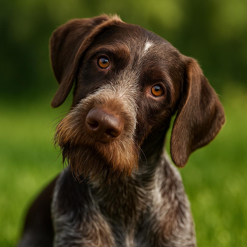 A charcoal-and-cream hound tilts its head in inquisitive repose, its coarse whiskers framing thoughtful amber orbs; the sunlit fur shimmers softly, set against a serene meadow haze.