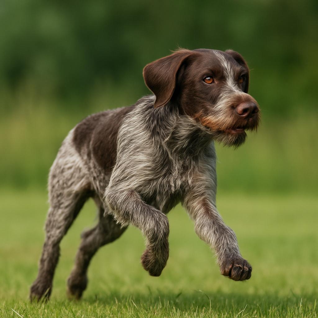A coarse-furred gun dog propels itself in a kinetic dash, muscles taut and whiskered face intent; burnished eyes rivet on an unseen objective, as green turf blurs beneath relentless pace.