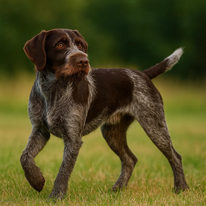 A lithe pointer poised in sunlit meadow, its coarse liver-and-white coat gleaming; keen amber eyes track unseen quarry, while wiry limbs balance in poised readiness against a gently diffused green vista.
