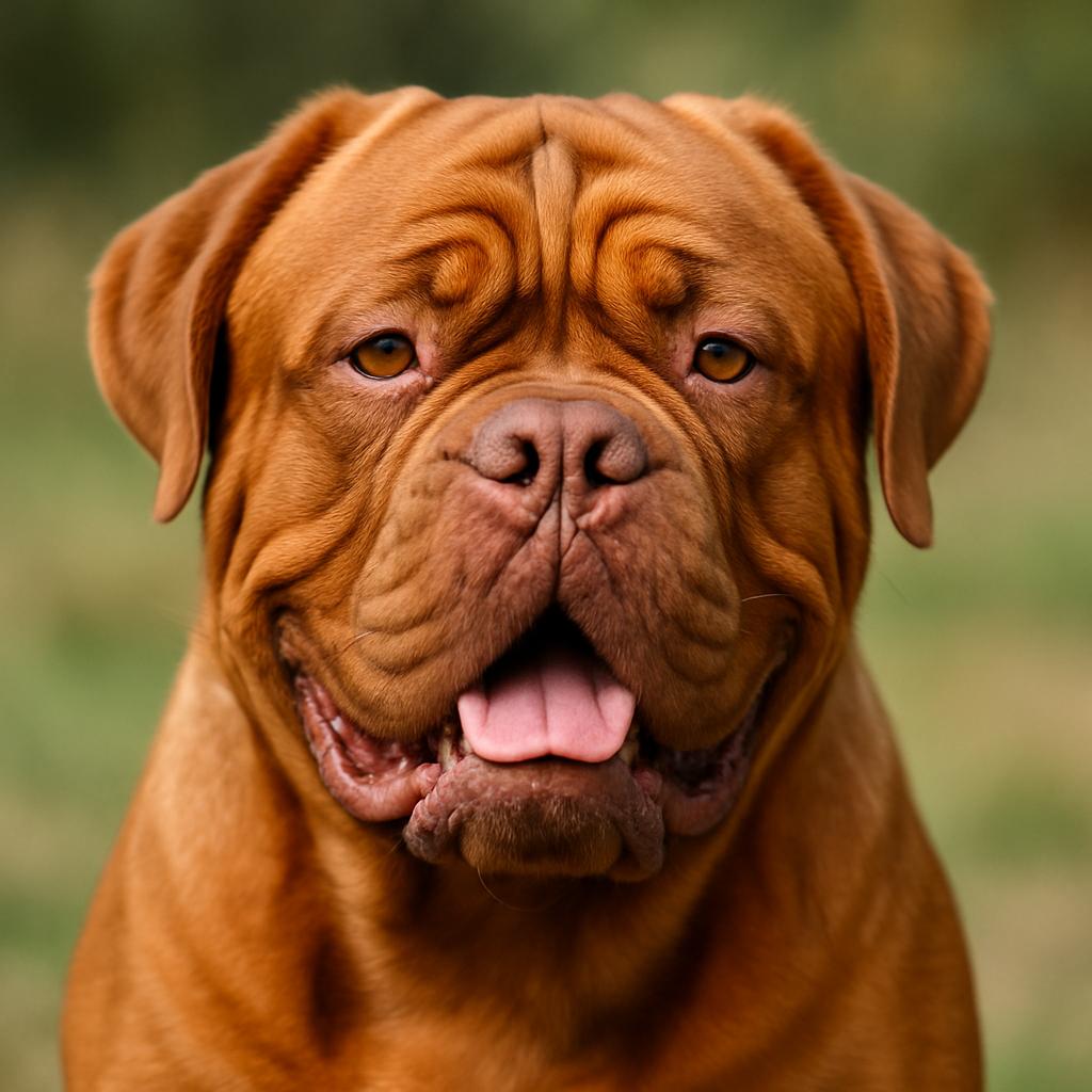 A burly canine silhouette with a capacious chest, its visage mapped by transient furrows and a serene stare locking onto the lens; the dense russet pelt shimmers gently against a soft-focus grassy backdrop.