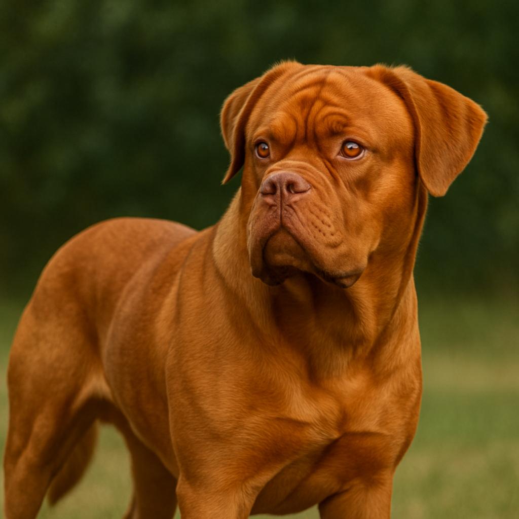 An imposing mastiff stance captured in crisp focus, muscles taut beneath a tawny hide; a gaze of quiet vigilance sweeps past the frame, with delicate furrows accentuating its dignified mien against a soft pastoral blur.