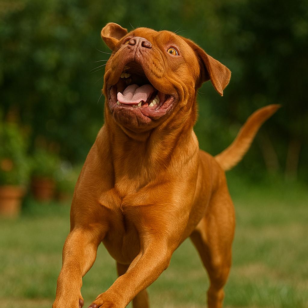 A spirited mastiff in mid-leap, its auburn pelt radiant in midday light; wide, gleaming eyes and an open maw convey exhilaration, set before a softly blurred verdant haven.