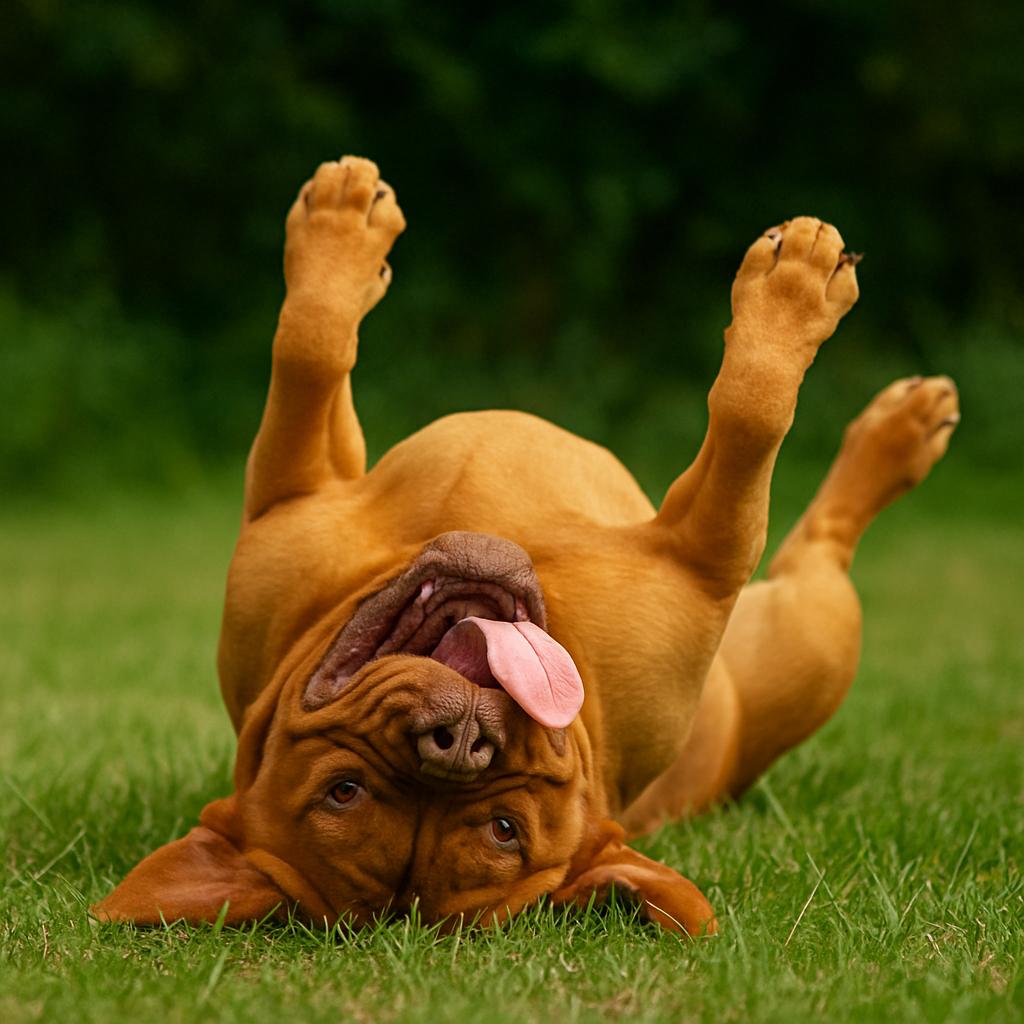 A hefty mastiff cast upside down on lush turf, paws skyward and tongue lolling with carefree abandon; its warm russet hide glows beneath soft daylight, framed by a serene emerald backdrop.