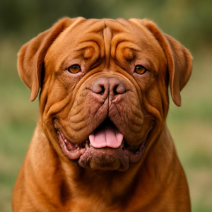 A burly canine silhouette with a capacious chest, its visage mapped by transient furrows and a serene stare locking onto the lens; the dense russet pelt shimmers gently against a soft-focus grassy backdrop.