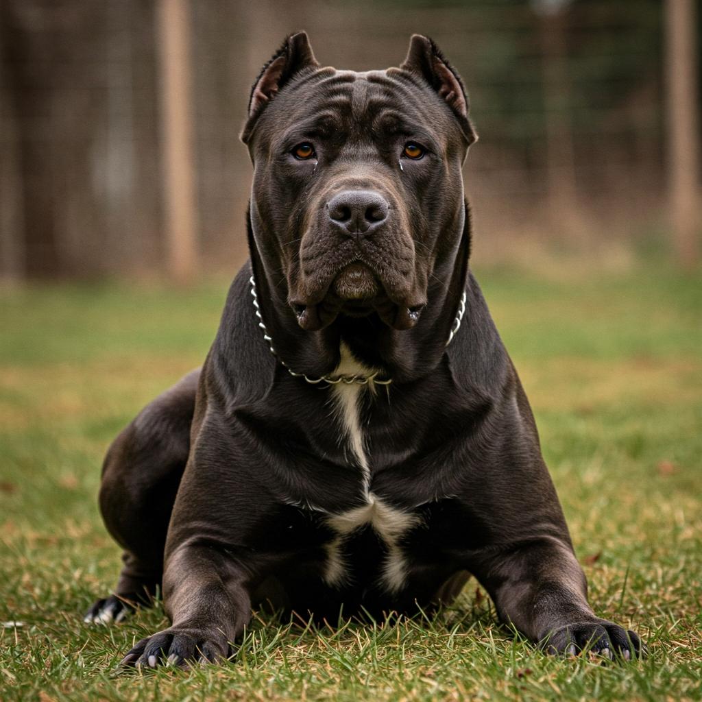 Brindle Presa Canario leaping in a field