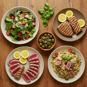 A variety of tuna recipes displayed on a rustic table, including tuna salad, grilled tuna steaks, and tuna pasta, garnished with fresh vegetables and herbs