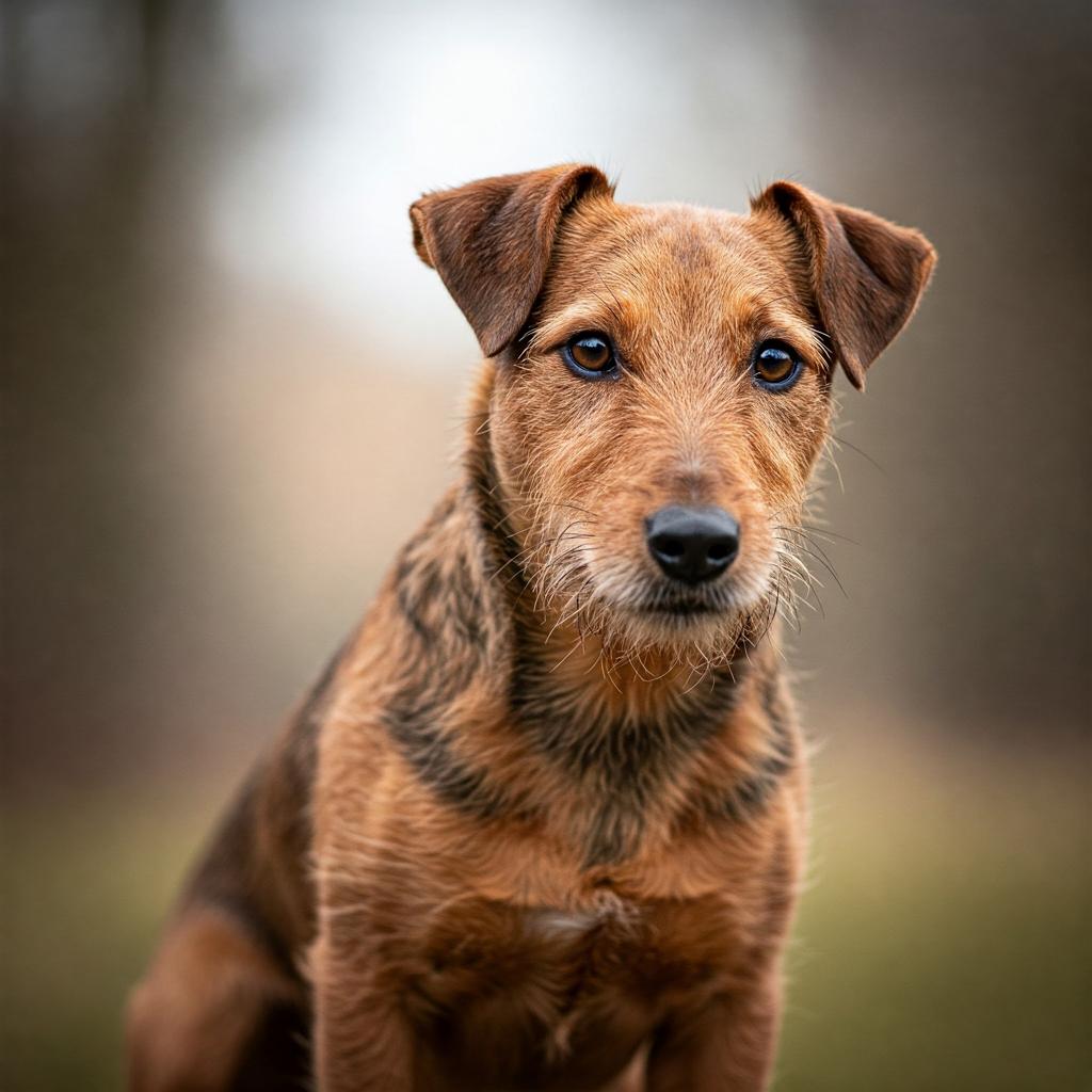 A brown and tan Jagdterrier tilts its head, offering a curious glance. The soft light highlights its wiry fur against a subtly blurred backdrop.