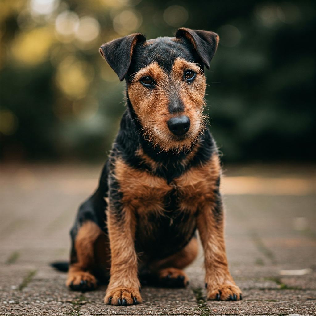 A Jagdterrier, mostly dark brown with tan markings, sits in a garden. Its ears are up, and eyes show a playful spark in the natural sunlight.