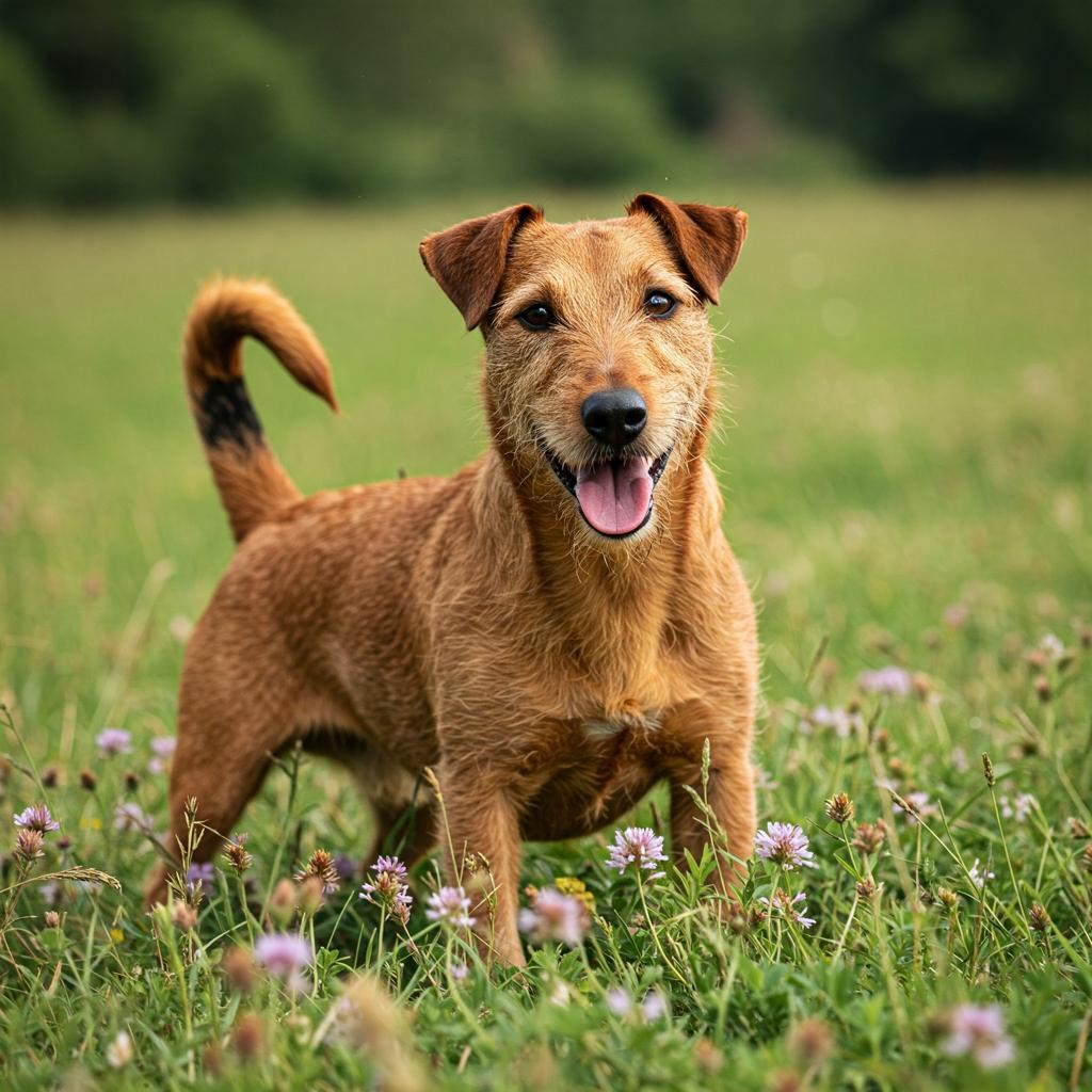 Nestled among colorful wildflowers, a brown and tan Jagdterrier wags its tail. Its bright eyes and perked ears convey genuine joy in the sunlit field.