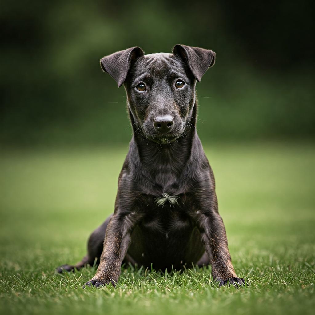 A brindle Jagdterrier sits with front paws extended, its keen gaze fixed on something beyond the frame. A soft green background sets a natural scene for its energetic yet relaxed posture.