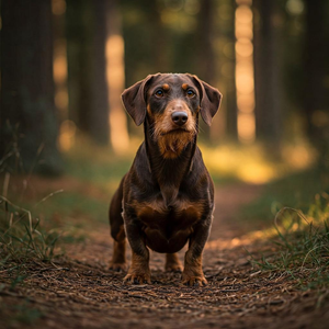 A professional photograph captures an Alpenlaendische Dachsbracke in a natural outdoor setting.