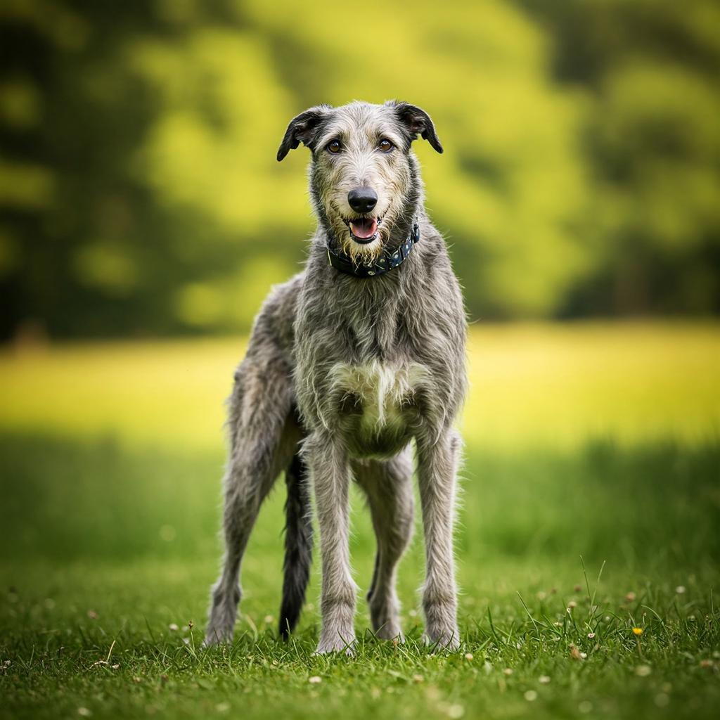 A lean Scottish Deerhound stands in a field, one front paw lifted in a playful, almost dance-like stance. Its shaggy gray coat gleams under the soft light, suggesting a bright outdoor setting.