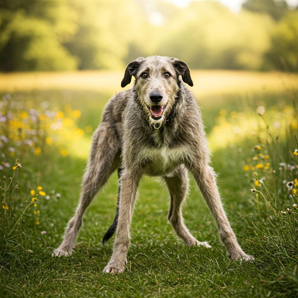 This Deerhound, with its long limbs, appears caught mid-attempt at a funny, gangly stretch or an impromptu yoga pose, an amusingly surprised look on its face as it stands in a sunlit field of wildflowers.