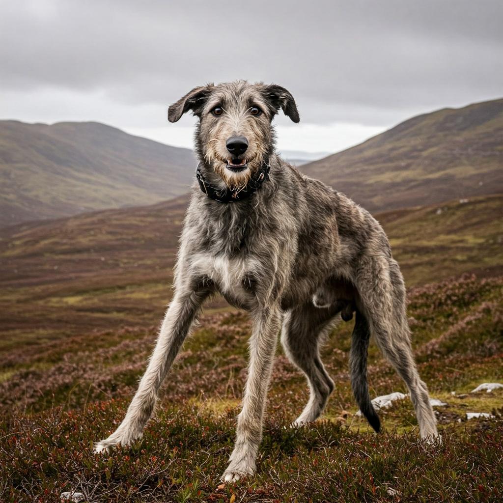 A large Scottish Deerhound is captured mid-motion in a humorous, slightly off-kilter leap against a scenic Highland backdrop, its wiry fur ruffled by the movement and a comical expression on its face.