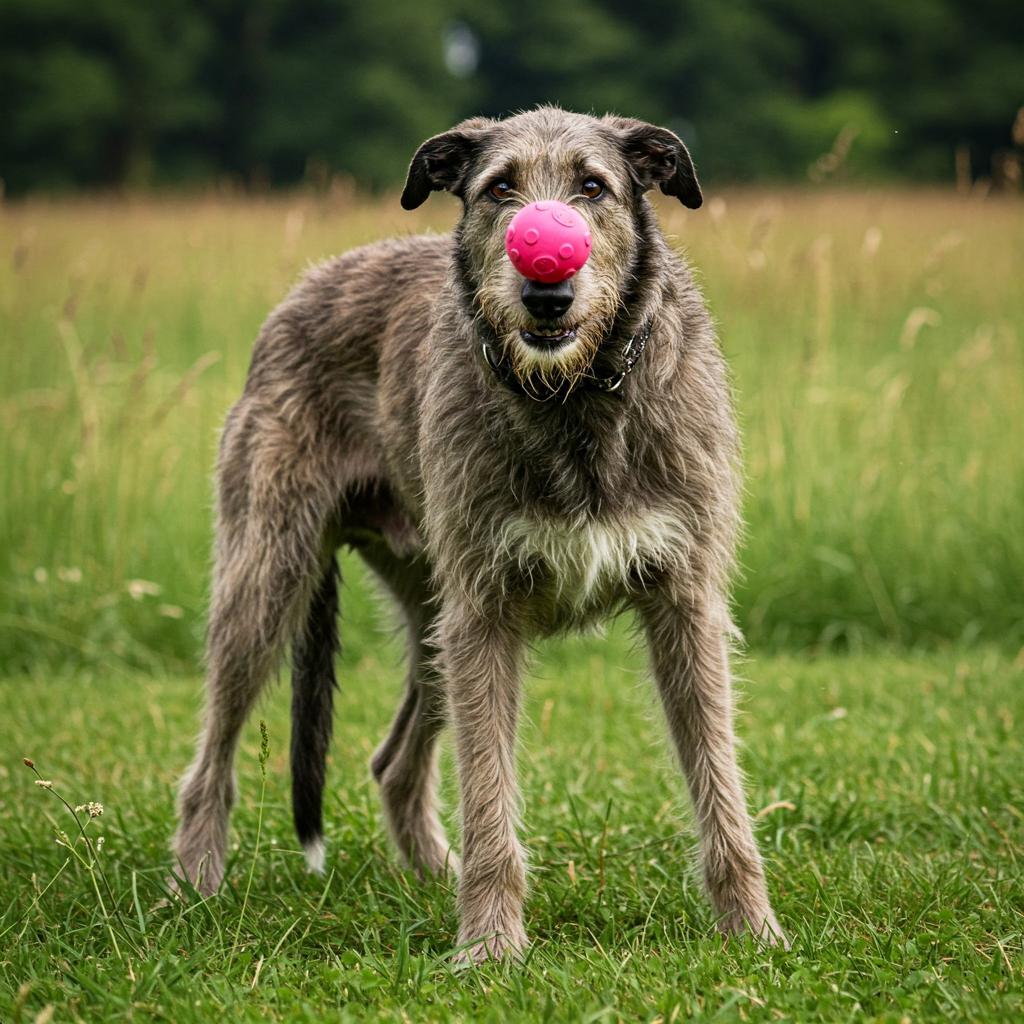 A Deerhound with its distinctive rough coat balances a small, bright pink ball precariously on its nose, looking genuinely goofy in a grassy field bathed in soft light.