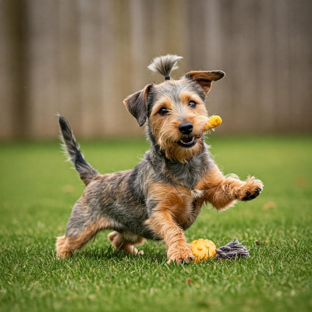 A Dandie Dinmont Terrier caught mid-play, its distinctive topknot bouncing as it leans into a silly pose, showcasing its long body.