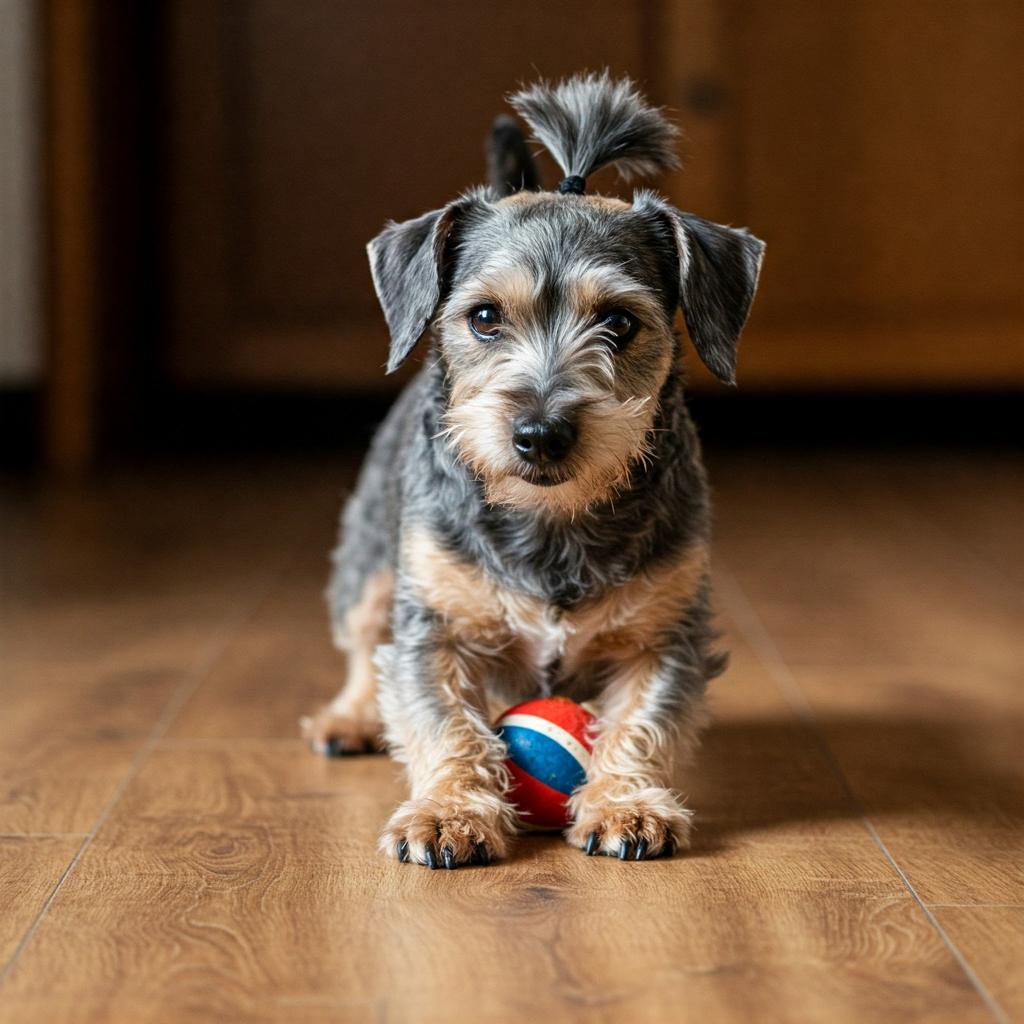 This Dandie Dinmont Terrier strikes a comical pose, perhaps balancing on something unseen, highlighting its unique low-slung build and charming expression.