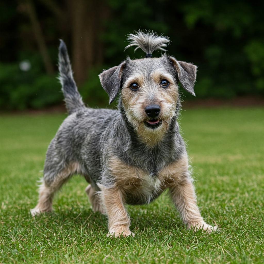 Here's a Dandie Dinmont Terrier in a humorous, dynamic posture, with its long body slightly twisted and its endearing topknot framing a curious gaze.