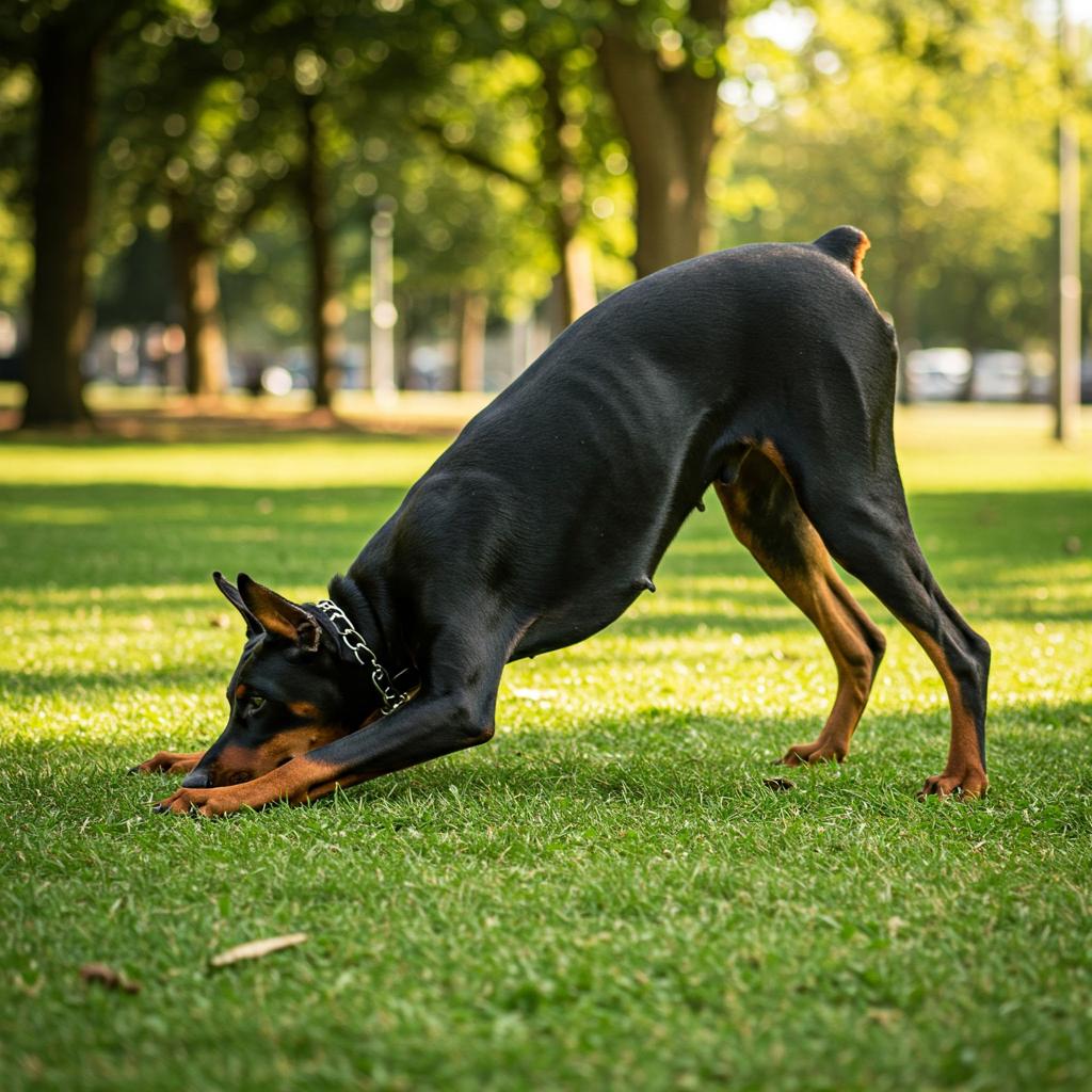 Here's a Doberman mid-zoomie, but it seems to have hit a 'pause' button in the most awkward position possible. Ears are flopped, paws are flying a bit randomly. It's just a perfect snapshot of goofy dog energy.