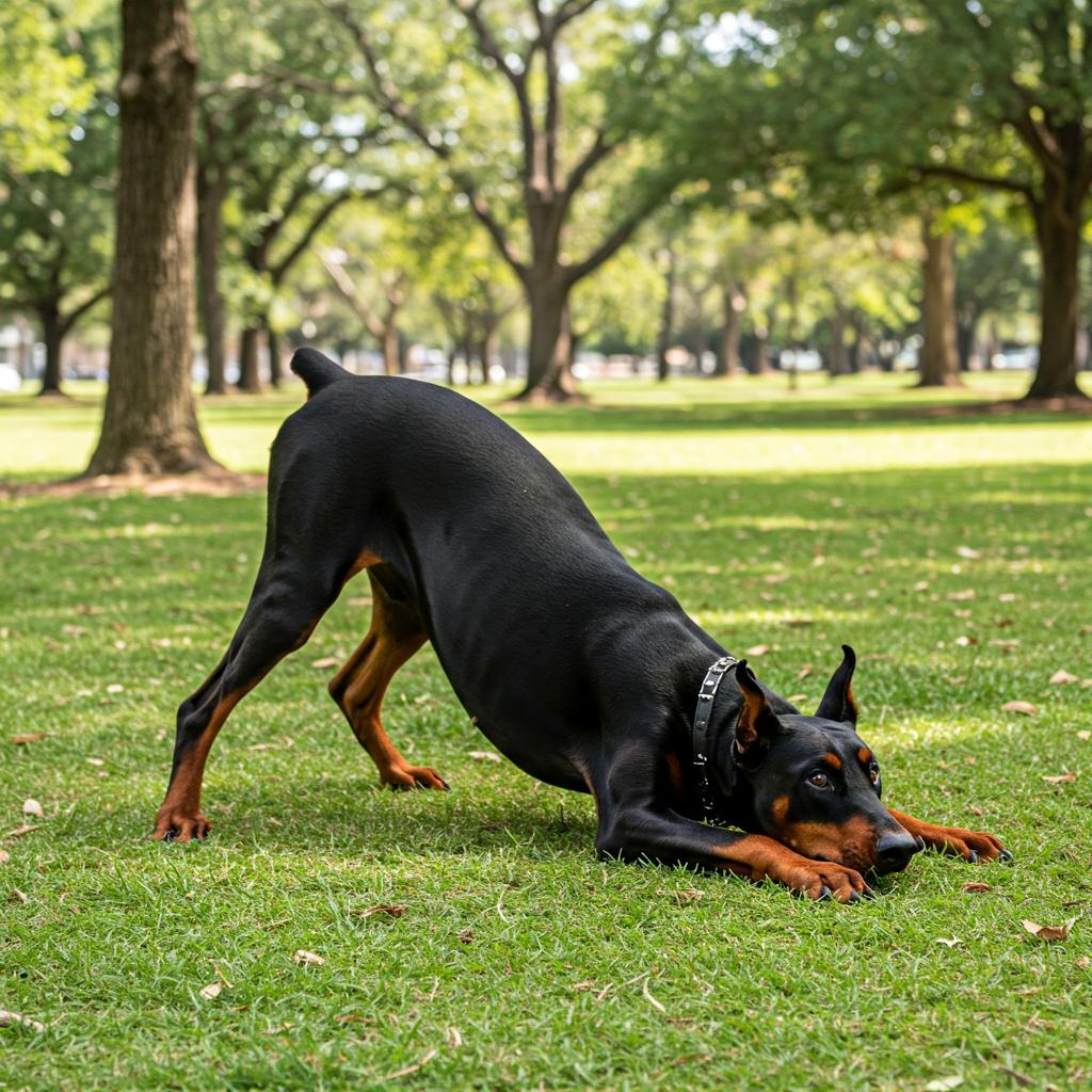 You've got to see this one! This Doberman is doing a full-on belly flop on the ground, looking incredibly content and a little bit lazy. It's a classic "I give up" pose that just screams canine relaxation.