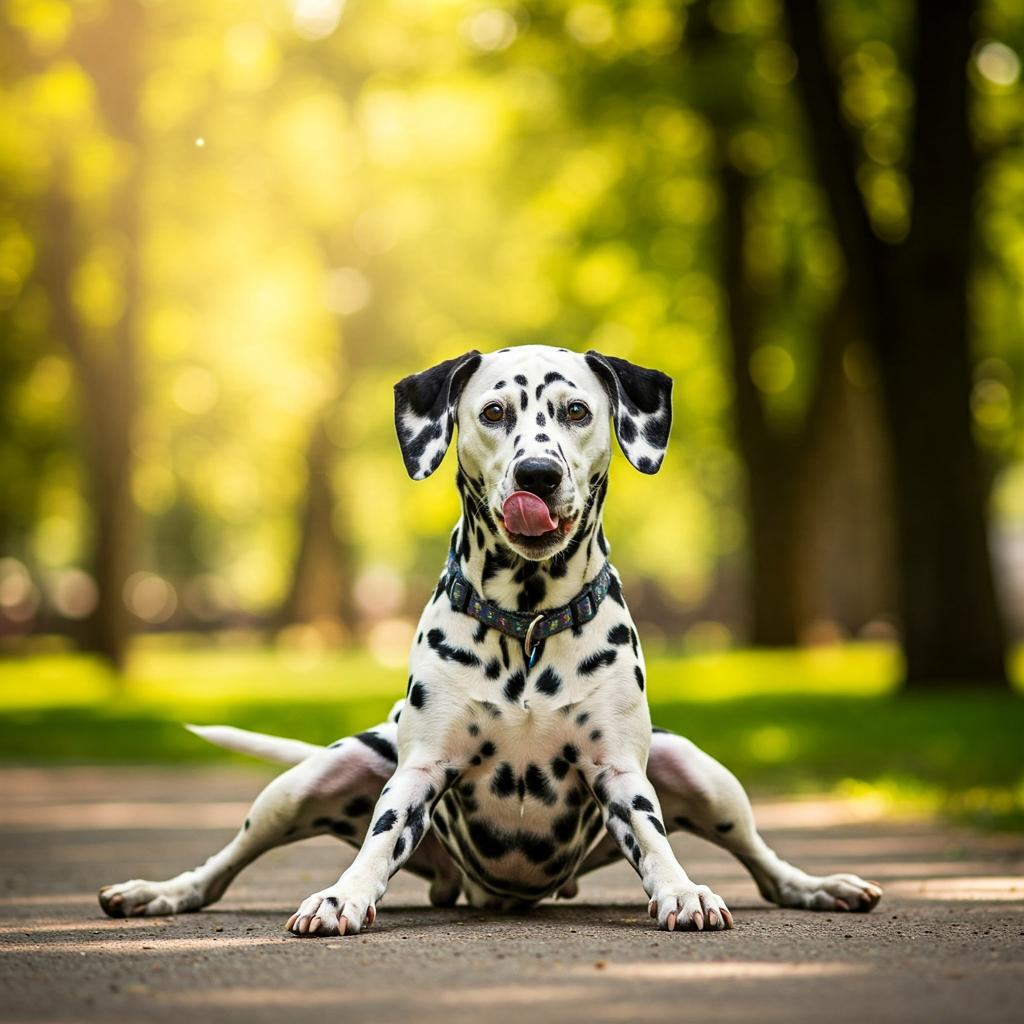 A Dalmatian with a joyful, goofy grin, stretching in a comically awkward pose. It seems to be reaching or scratching its back against a tree. Sunlight highlights its spotted fur in a vibrant outdoor setting.