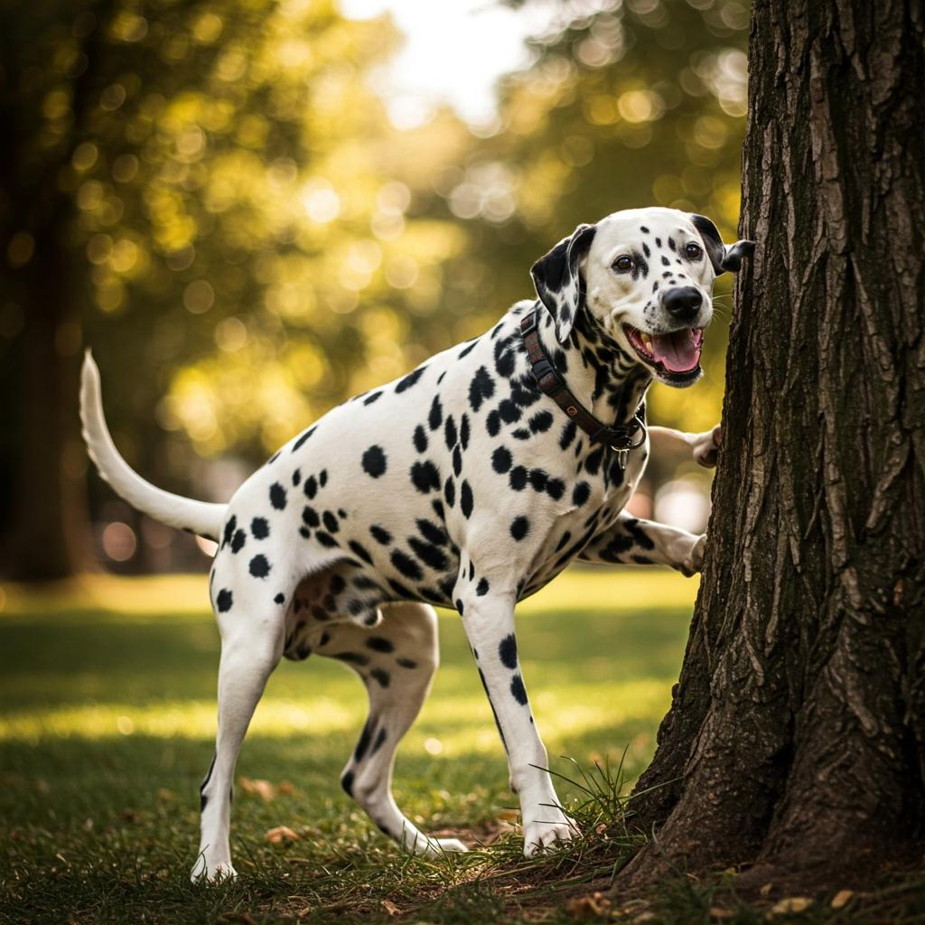 A Dalmatian in a comically exaggerated yoga pose, tongue lolling out mid-contortion. Its spotted fur stands out against the vibrant green grass of a park, with a blurred background suggesting movement.