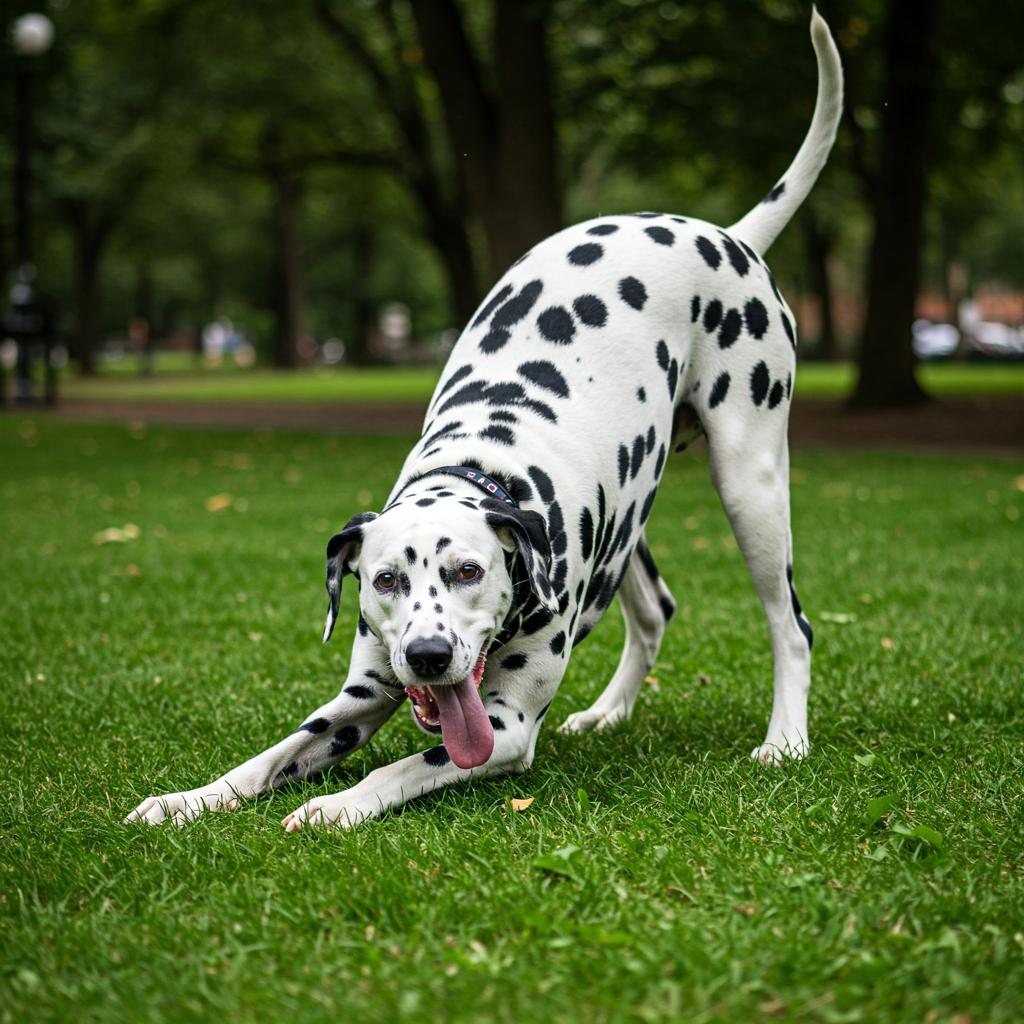 A Dalmatian captured in a funny, candid moment, striking an unusual, contorted pose on a bright green lawn. Sunlight filters through leaves, creating dappled light and shadow on its distinctive spotted coat.