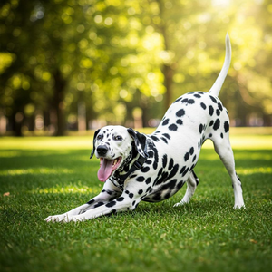 A Dalmatian dog in a hilariously awkward pose, its legs splayed out as if trying to balance. Its expression mixes confusion and amusement. A vibrant, sunny park forms a blurred background.