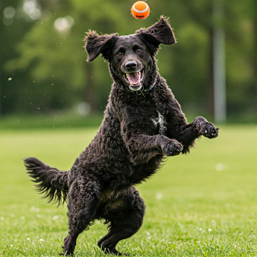 A black Curly Coated Retriever is caught mid-air in a humorous, exaggerated leap, its tongue playfully out. The dog's distinct curly fur is visible against a vibrant, sunny outdoor background, possibly a park, creating a cheerful and whimsical scene.
