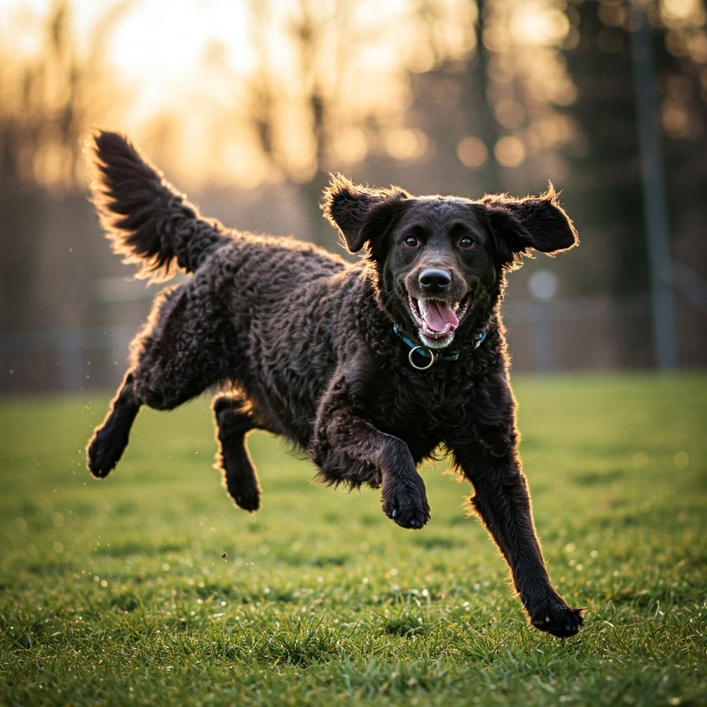 This image shows a dark-coated Curly Coated Retriever in an endearing, slightly awkward pose, perhaps just having missed a treat. The dog stands before a plain, light background, with soft, natural light illuminating its textured coat, giving the shot a warm, classic feel.