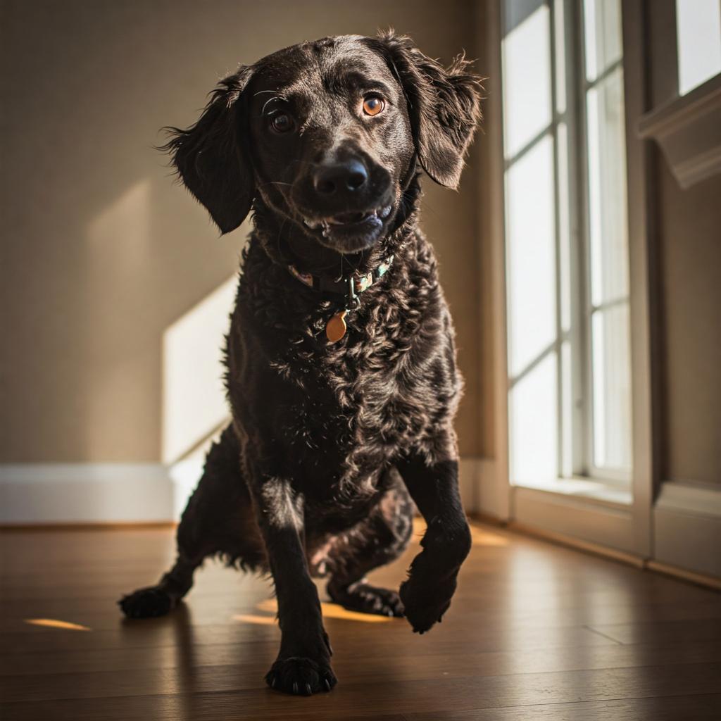 A Curly Coated Retriever, its dark curls prominent, is captured in a comical stretch or stumble. The backdrop is a colorful, playful indoor setting with blurred objects, emphasizing the dog's joyful and slightly goofy expression in this vibrant, energetic shot.