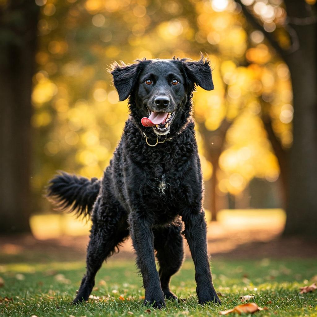 This photo features a dark Curly Coated Retriever mid-action, perhaps during a playful jump or stretch. Its signature curly coat stands out against a bright, expansive outdoor area like a field or park, with subtle light effects on its fur, showcasing the dog's lively personality in a wide, dynamic view.