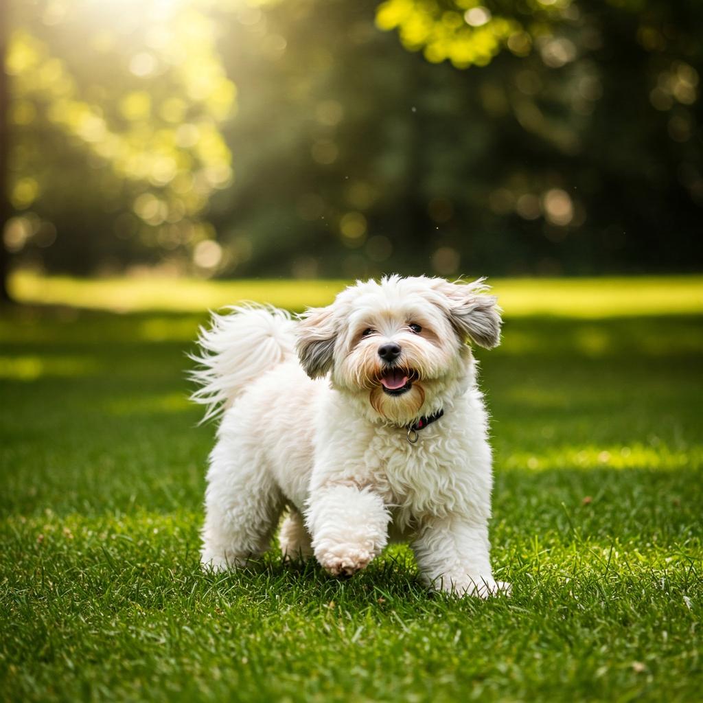 A playful Coton de Tulear jumps and spins in a sunny, grassy field.