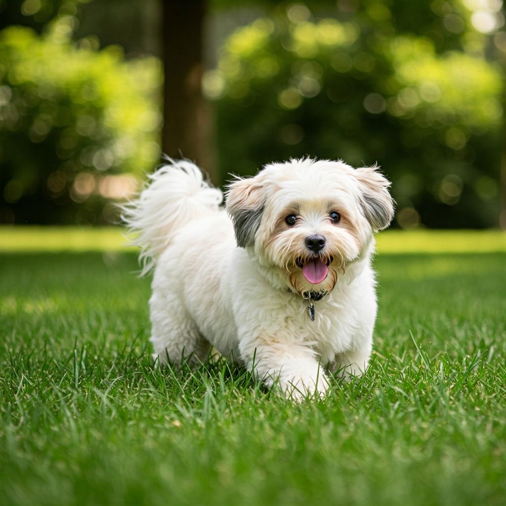 This Coton de Tulear frolics joyfully in a park, tongue out, amidst green foliage.
