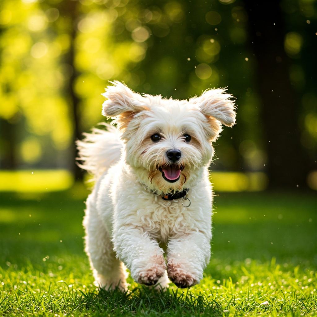 A Coton de Tulear mid-air, ears flying, a happy blur of white against a green park backdrop.