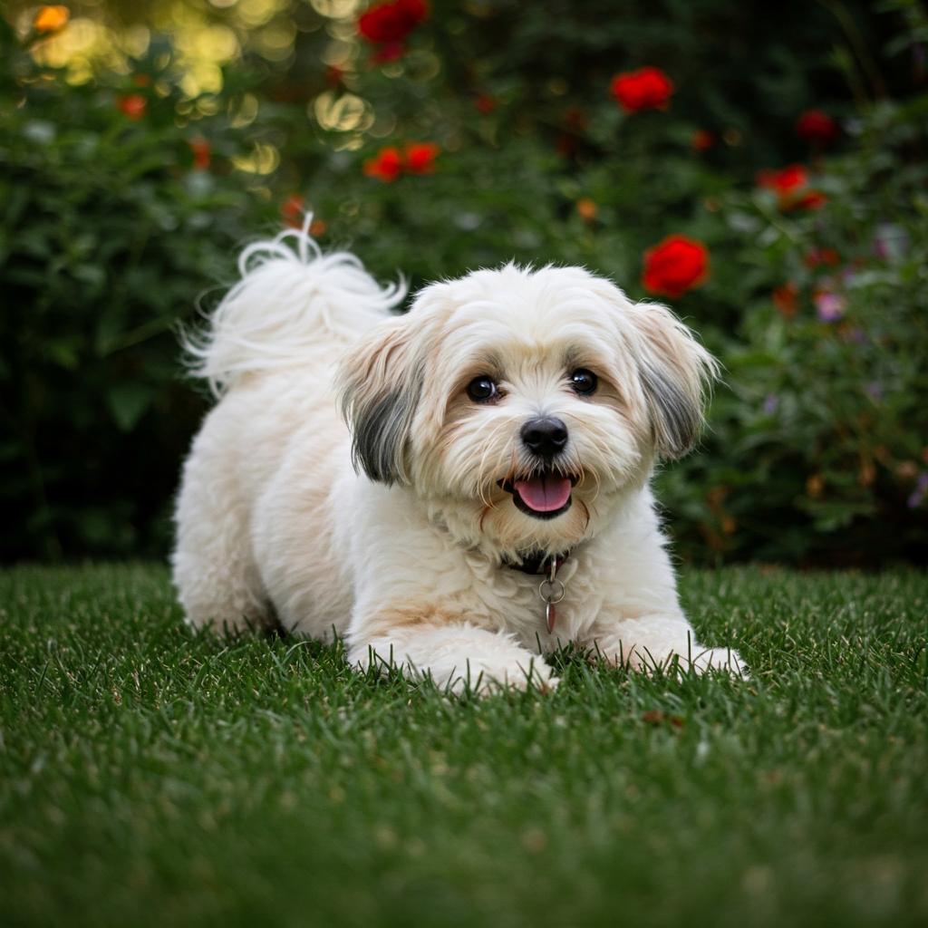 A fluffy Coton de Tulear sits bright-eyed in a vibrant garden, surrounded by colorful blooms.