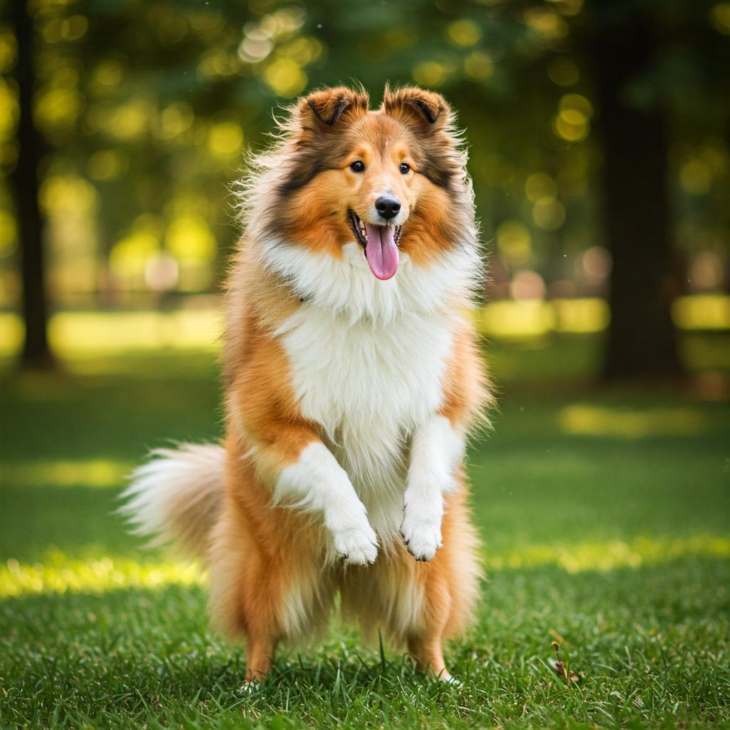 A sable and white Shetland Sheepdog mid-leap, looking playfully clumsy with its legs in an amusingly tangled position. Its tongue is out, and tail wagging in a sunny green park setting.