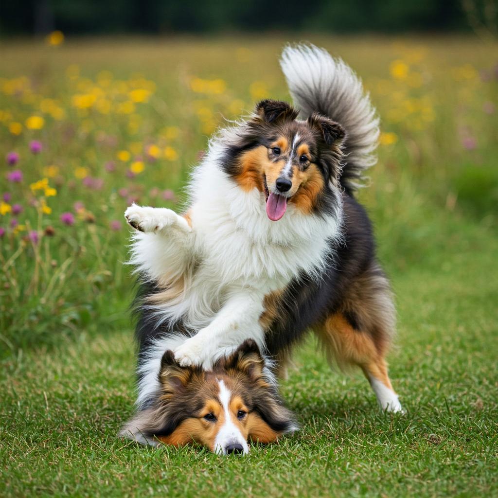 A tricolor Sheltie attempting a humorous yoga pose, seemingly balancing on one hind leg with front paws stretched out, looking comically focused in a vibrant meadow.