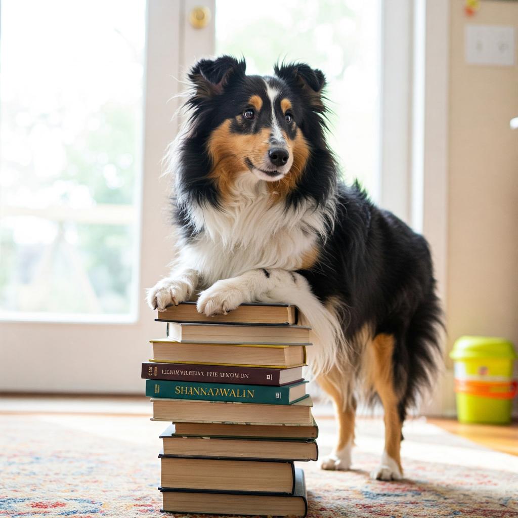 A black and white Shetland Sheepdog precariously balancing on a stack of books, exhibiting a bewildered yet playful expression in a bright room with a colorful rug.