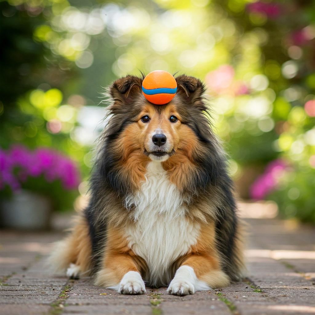 A dark sable Sheltie, with an expressive, slightly confused look, is captured in a garden, perhaps trying to balance a ball on its nose in a funny, awkward stance.