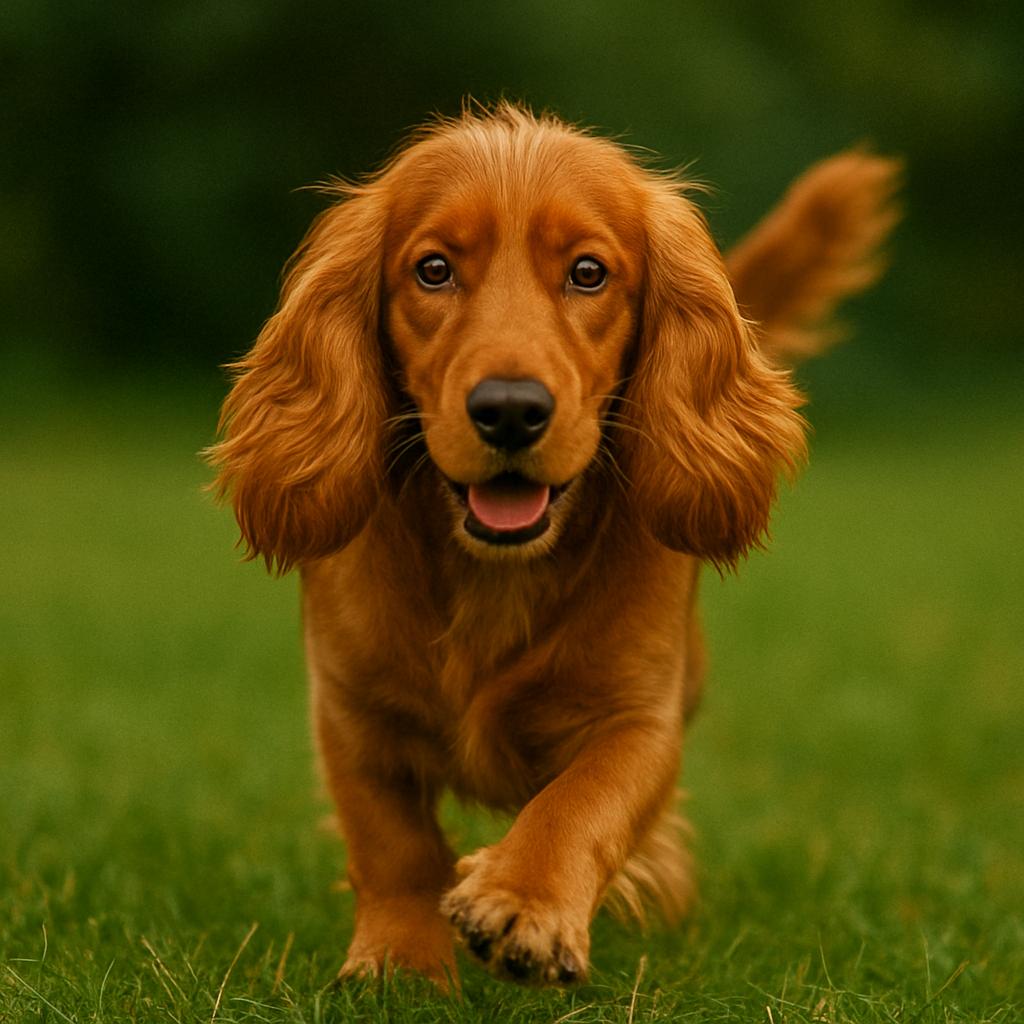 A golden-coated spaniel moves briskly through fresh grass, amber ears afloat and eyes bright with intent; a hush of green drifts behind as sunlight dances across its gliding stride.