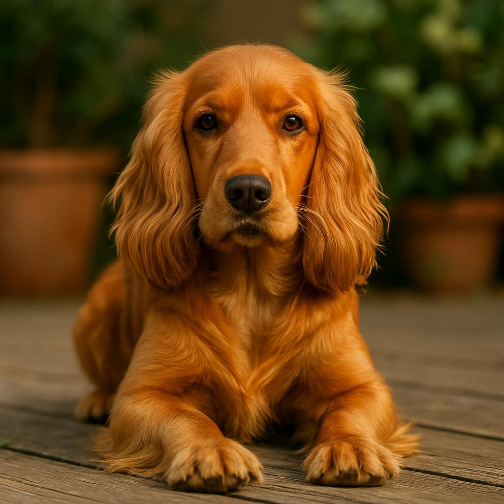 A copper-coated spaniel reclines on aged planks, paws aligned and gaze unwavering; amber waves cascade down its cheeks as terracotta forms blur into soft green silence behind.